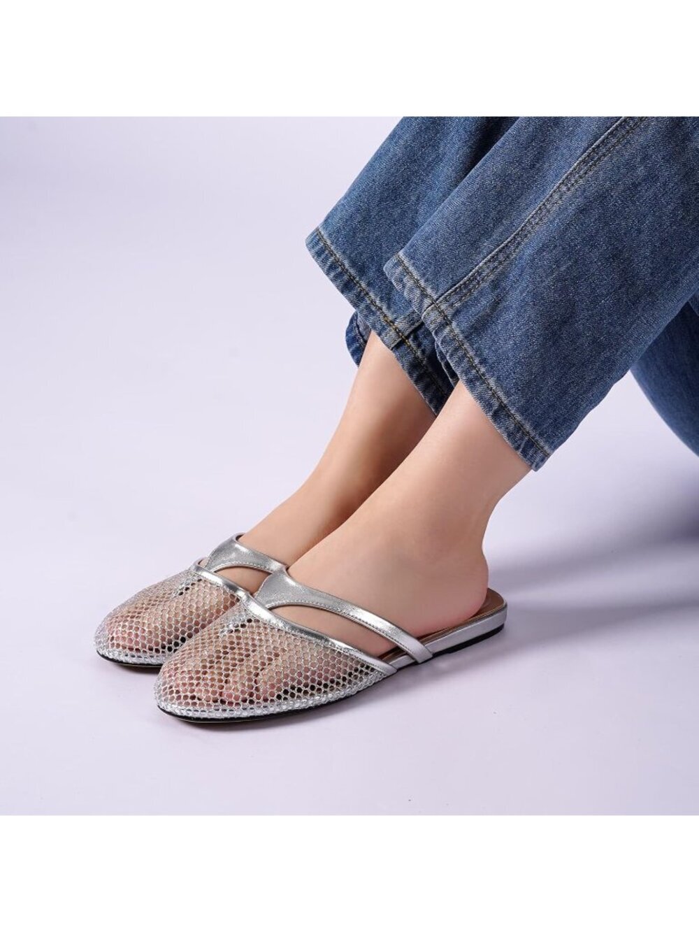 Women's Mesh Silver Open Round Toe Flip Flops Comfy Slip on Flats Sandals - Picture 2 of 6